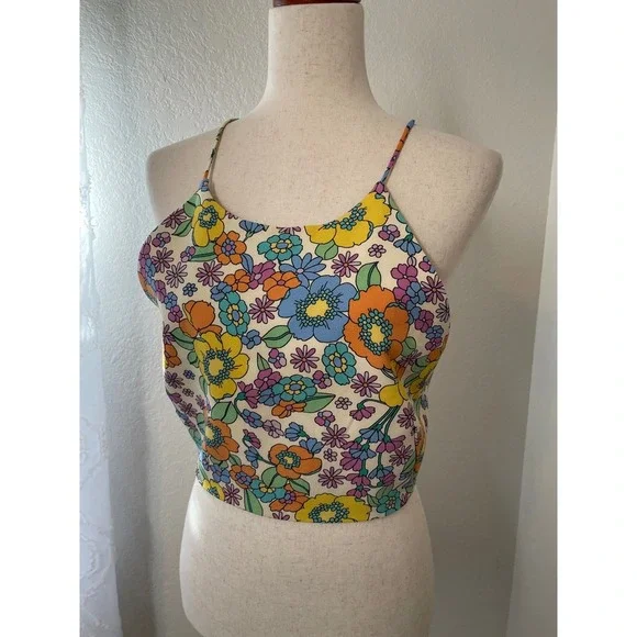 Zara Floral Print Crop Top Sleeveless Tie Back Colorful Summer Retro Size L - Picture 4 of 6